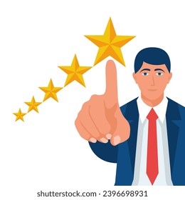 Rating icon. Star vector illustration flat design. Feedback concept. Evaluation system. Positive review.  Isolated on background. Quality work. Man's finger points to the star.