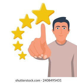 Rating icon. Star vector illustration flat design. Feedback concept. Evaluation system. Positive review.  Isolated on background. Quality work. Man's finger points to the star.