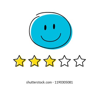 Rating icon - three stars. Blue coloured happy stickman. Vector.