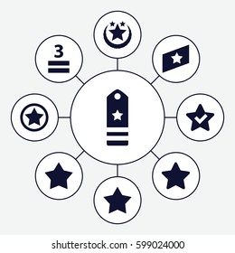 rating icons set. Set of 9 rating filled icons such as 3 allowed, rank