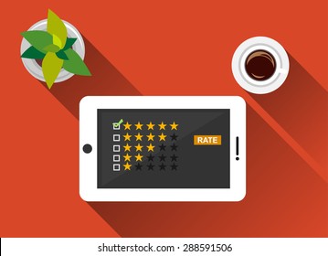 Rating illustration. Flat design with long shadow. Rating system on phone screen. Giving feedback concept. 