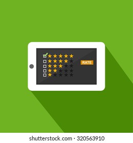 Rating illustration. Flat design. Rating system on phone screen. Giving feedback concept. 