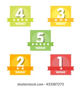 Rating label with five different label with star and place icon. Vector illustration.