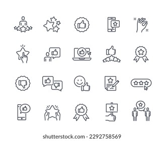 Rating line icons set. User feedback and opinion. Emoji and laptop with stars and thumbs up. Customer satisfaction and performance review. Linear simple vector collection isolated on white background