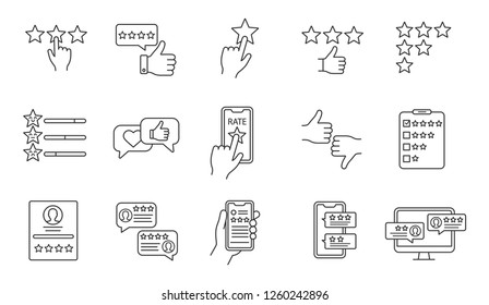 Rating linear icons set. Customer feedback and reviews. Ranking. Service satisfaction. Likes and dislikes. Positive, negative reviews. Isolated vector outline illustrations. Editable stroke