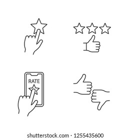 Rating linear icons set. Positive feedback, app rating, dislike and like, add to favorite. Thin line contour symbols. Isolated vector outline illustrations. Editable stroke