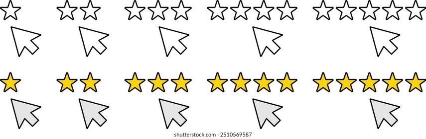 Rating, linear style icons. Score, review, star. User gives a score and rating. Stars and arrow icon. Editable Stroke. Vector illustration