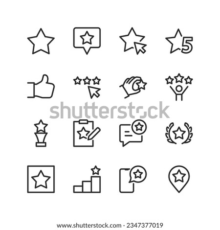 Rating, linear style icons set. Score, review, star. User gives a score and rating. Quality assessment, user experience. Evaluation and reputation. Rating system. Editable stroke width