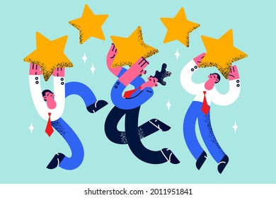 Rating and mark in business concept. Group of Happy business people cartoon characters jumping and holding golden review stars in hands feeling positive vector illustration