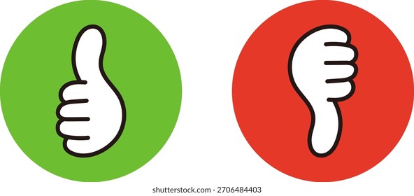 Marcas de avaliação. Ícones de Polegar para cima e para baixo. Cartoon-estilo bons sinais.