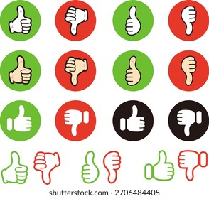 Marcas de avaliação. Ícones de Polegar para cima e para baixo. Cartoon-estilo bons sinais.