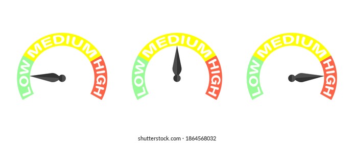 Rating Meter. Difficulty Level Low Medium High. Set Of Measuring Speedometer. Barometer Icon. Measuring Instrument Concept. Vector Illustration