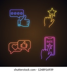 Rating neon light icons set. Feedback, app rating, add to favorite, comments and likes.  Glowing signs. Vector isolated illustrations