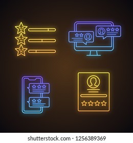 Rating neon light icons set. Customer reviews, rating scale, feedback. Glowing signs. Vector isolated illustrations
