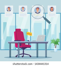 Rating Office Workers Flat Vector Illustration. Empty Working Place with Office Chair, Laptop, Table. Choosing Best Candidate for Vacancy, Job Promotion. Selecting Top Ranking Applicant