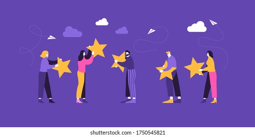 Rating on customer service illustration. happy customers are holding stars and giving 5 star review. Website rating feedback and review concept. Flat vector illustration