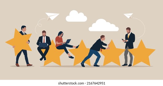 Rating on customer service illustration. Five big stars with people sitting on them and giving reviews on their lap tops and smartphone. Concept of feedback, testimonials messages and notifications.