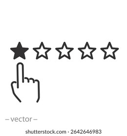rating one star icon, negative review, five stars with mouse cursor, bad feedback customer, line symbol on white background - editable stroke vector illustration eps10