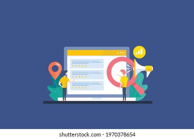 Rating an online business, Local business SEO, SEO strategy, digital marketing, search data analysis - conceptual vector illustration with characters and icons