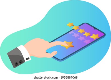 Rating online.Evaluation of applications using a smartphone.Rating and feedback system.3d image.Isometric vector illustration.