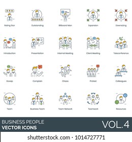 Rating, outstanding, billboard, expansion, downsize, handshake, presentation, meeting, client, teleconference, gossip, complain, chaos, protest, colleagues, team, network, teamwork, resources icons.