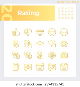Juego de iconos de vectores lineales de gradiente perfecto para píxeles de clasificación. Proceso de evaluación de servicios. Compartir experiencia con el cliente. El símbolo de contorno delgado diseña el paquete. Colección de ilustraciones de esquema aisladas