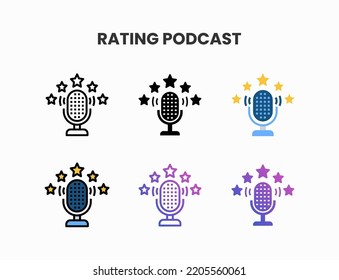 Rating Podcast icon set with line, outline, glyph, filled line, flat color, line gradient and flat gradient. Can be used for digital product, presentation, print design and more.