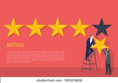 Rating Poster With Two Man On Ladder Hanging Fifth Star, Appreciation Of High Level Grade, Evaluation Ranking Sign, Businessman Giving Highest Mark Vector