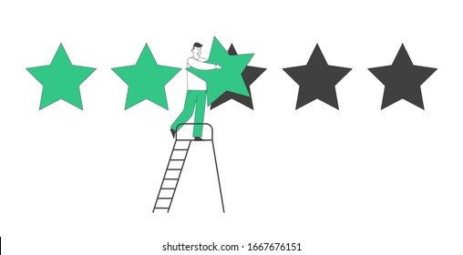 Rating, Quality and Business Ranking Concept. Man Character Standing on Ladder Put Green Stars into Holes. Client Review, Customer Service Feedback or Satisfaction Level. Linear Vector Illustration