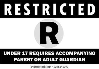 Rating "R" sign. Symbol for content not allowed for children under 17. Rating R sign that means children 17 and younger is restricted