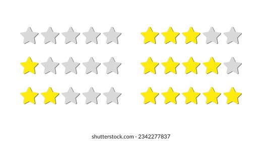 Rating raiting scale. Simple evaluaion stars set. Vote scale set. Scale of service satisfaction. Survey, customer emotion feedback. Grey yellow stars - score from 1 to 5. Quality rating, top score. 