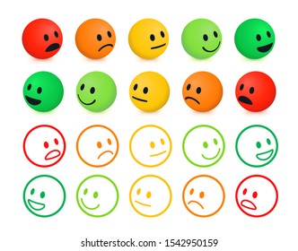 Rating and Ranking Levels of Satisfaction. Isometric Round Faces Depicting Emotions - Excellent, Good, Normal, Bad and Awful