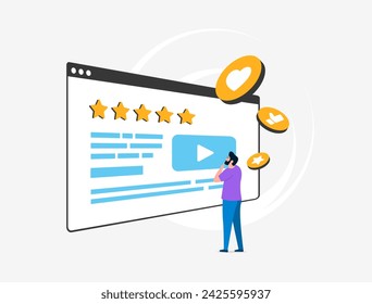 Rating Reflection - individual reflects on 5-star article, weighing decision to like, share or save as favorite. Digital Engagement, user experience moment vector illustration on white background