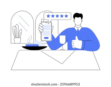 Rating a restaurant isolated cartoon vector illustrations. Food blogger rating cafe with stars, eating out in restaurant, holding smartphone, making notes, critic reviewing bar vector cartoon.