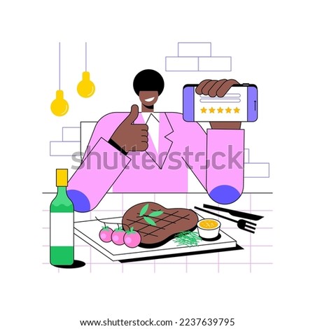 Rating a restaurant isolated cartoon vector illustrations. Food blogger rating cafe with stars, eating out in restaurant, holding smartphone, making notes, critic reviewing bar vector cartoon.