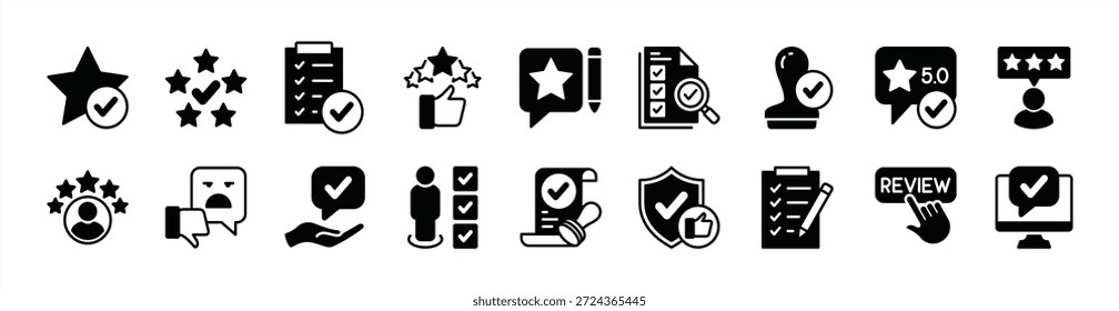 Rating and review icon vector set. Contains five stars, checkmark, checklist, confirm button, approval, security, stamp, skills, data analysis, verified profiles, certification, network comment - illustration