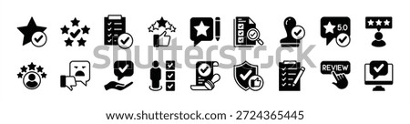 Rating and review icon vector set. Contains five stars, checkmark, checklist, confirm button, approval, security, stamp, skills, data analysis, verified profiles, certification, network comment - illustration
