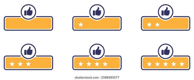 Rating review icons with thumbs up and star rating system, customer feedback evaluation, user experience ranking, testimonial badge set. hand with thumb up and stars rating icon.