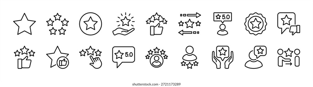 Rating, review, satisfaction thin line icon set. Contains five stars, thumb up and down, positive for customer service, best quality, testimonial, feedback, opinion, evaluation, performance. Vector illustration