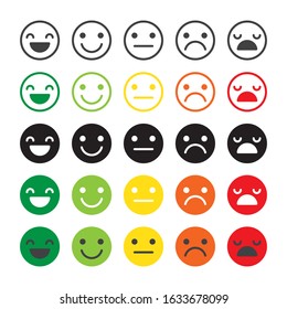 Rating satisfaction emoticons: excellent, good, normal, bad, awful. Positive or negative feedback. Outline, colorful and black emoji 