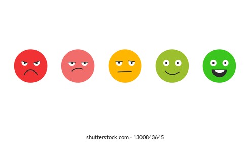 Rating satisfaction. Feedback in form of emotions. Excellent, good, normal, bad awful. Vector illustration isolated on white background.