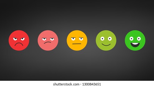 Rating satisfaction. Feedback in form of emotions. Excellent, good, normal, bad awful. Pain scale. Vector illustration isolated on black background.