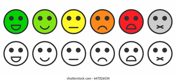 Satisfacción por la calificación. Comentarios en forma de emociones monocromas y coloridas, sonrientes, emojis. Excelente, bueno, normal, malo, horrible, silencioso. Vector