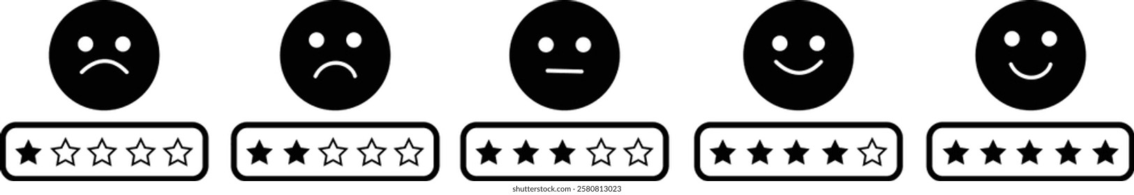 Rating Satisfaction icon set. vector of Emotion Smiles Excellent, Good, Normal, Not Good, Bed, Credit Rating and Service, Survey approval user rating star elements. isolated on transparent background