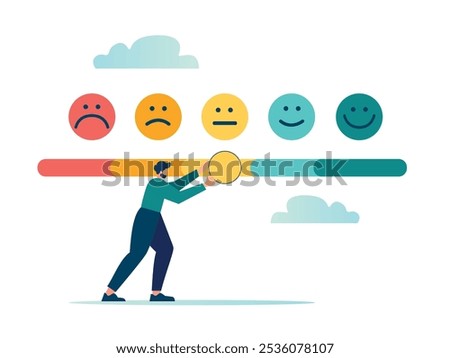 A rating scale based on experience or the quality of a product or service, an opinion and a review to evaluate the result, a person trying to raise the bar for customer reviews, vector illustration