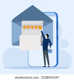 Rating scale and customer satisfaction concept. feedback and review illustration concept. Characters provide positive feedback for helpdesk services. Vector illustration.