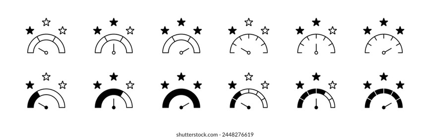 Rating scale icon set. Feedback speedometer with star. Review score with star