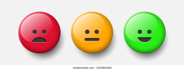 Rating scale or pain scale in the form of emoticons. Three smileys. From red to green smiley. Vector clipart isolated on white background.