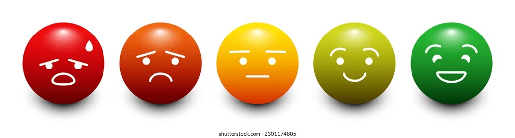 Escala de clasificación o escala de dolor en forma de emoticonos. De carita roja a verde. Iconos 3d. Clipart vector aislado en fondo blanco.