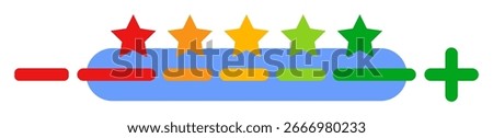 Rating Scale with Stars and Plus Minus Symbols on a Blue Background on white background